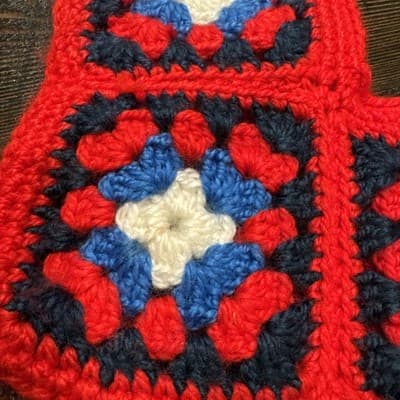 Christmas Stocking Granny Square Handmade Crochet Knit Vintage Red White Blue - Thumbnail 4