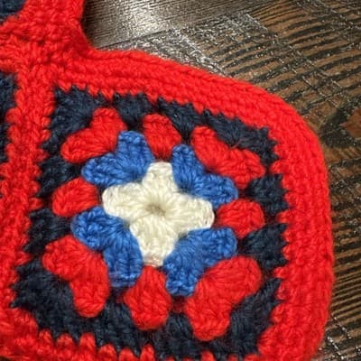 Christmas Stocking Granny Square Handmade Crochet Knit Vintage Red White Blue - Thumbnail 6