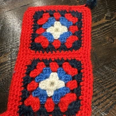 Christmas Stocking Granny Square Handmade Crochet Knit Vintage Red White Blue - Thumbnail 9