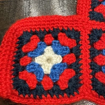 Christmas Stocking Granny Square Handmade Crochet Knit Vintage Red White Blue - Thumbnail 8