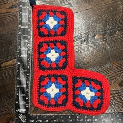 Christmas Stocking Granny Square Handmade Crochet Knit Vintage Red White Blue - Thumbnail 3