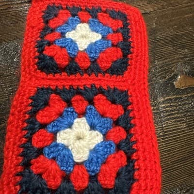 Christmas Stocking Granny Square Handmade Crochet Knit Vintage Red White Blue - Thumbnail 5