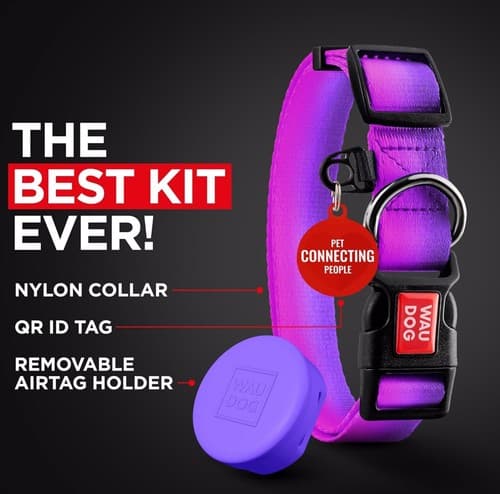 Extra Small Nylon Dog Cat Collar Airtag Holder QR Code Tag Bright Purple Pink - Thumbnail 5