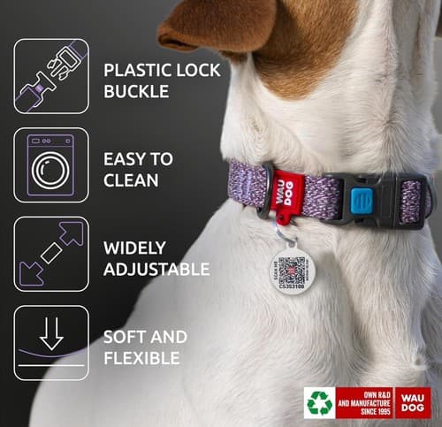 WAUDOG Reflective Cotton Dog Collar Eco Friendly Nylon Collar Small Purple QR ID - Thumbnail 11