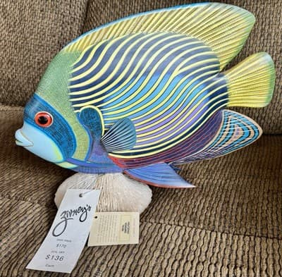 Large Nature Crafts Hand Carved & Painted Wood Fish Sculpture, Emperor Angelfish