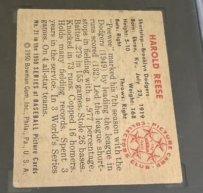 1950 Bowman Harold “Pee Wee” Reese #21 MLB Brooklyn Dodgers SGC 4 VG EX - Thumbnail 4