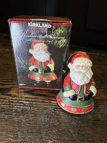 Porcelain Bell Ornament Santa Dangling Legs Original Box Christmas Holiday