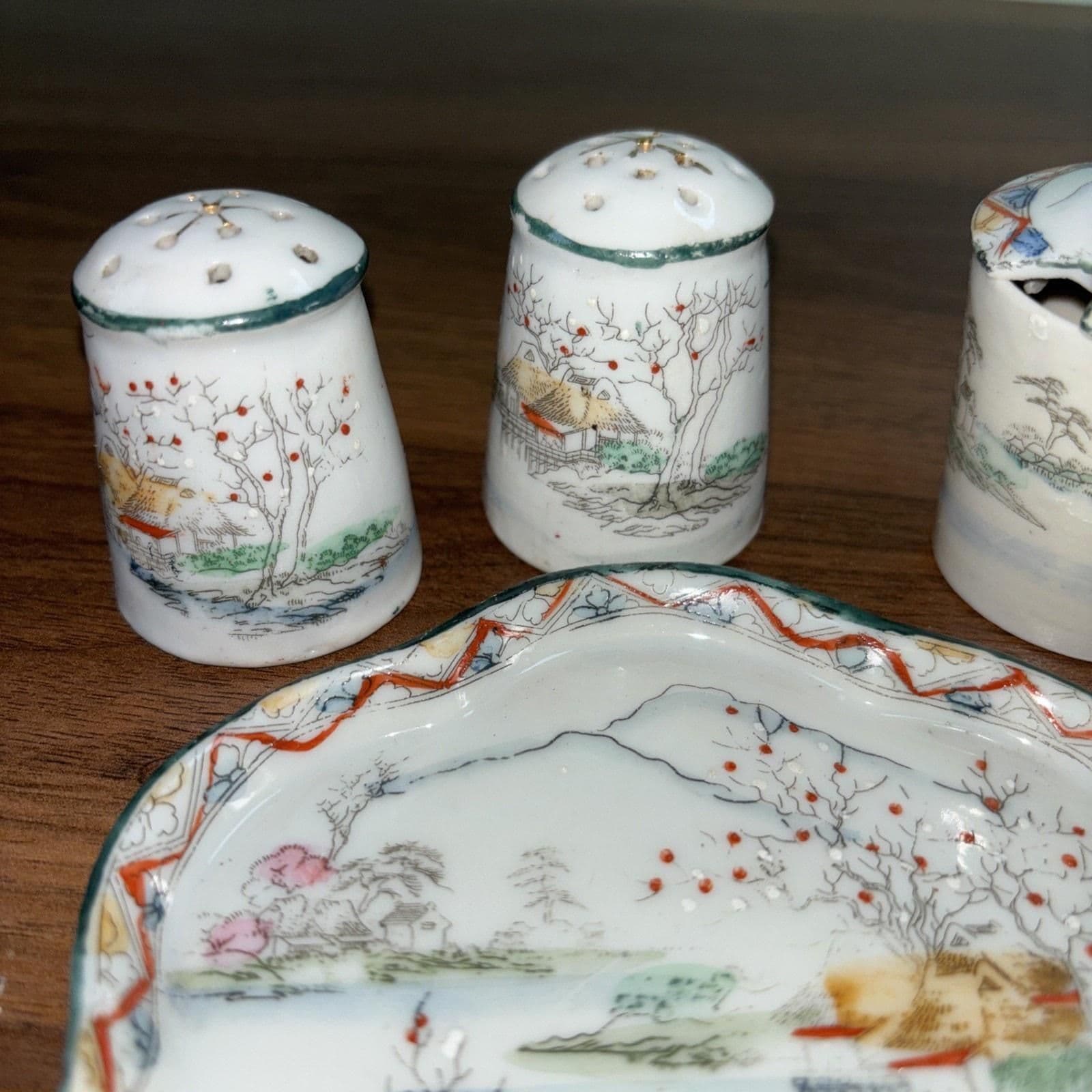 Antique Japanese Porcelain Salt Pepper Shaker Sugar Spoon Tray Set Miniature - Thumbnail 6