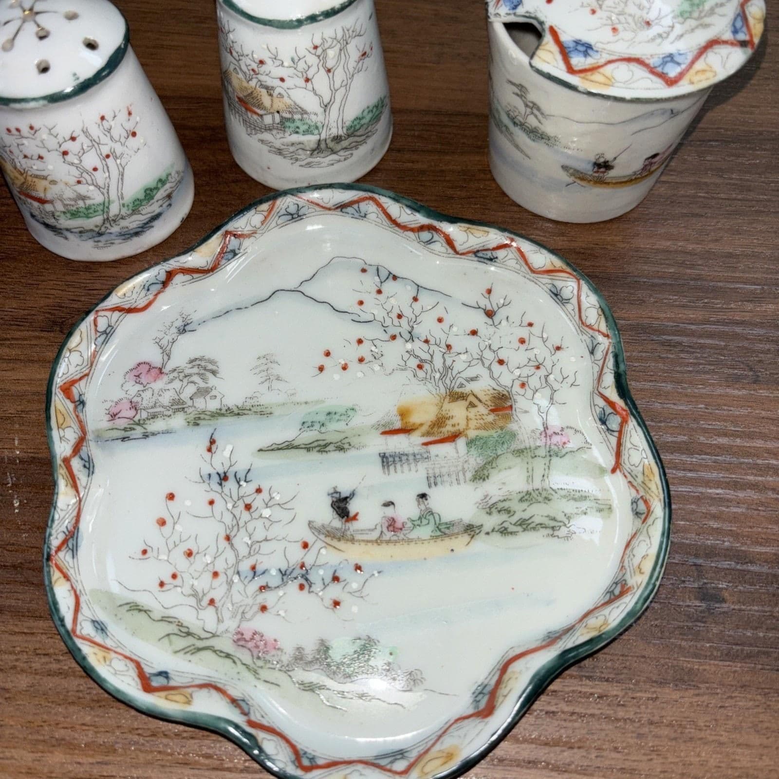 Antique Japanese Porcelain Salt Pepper Shaker Sugar Spoon Tray Set Miniature - Thumbnail 4