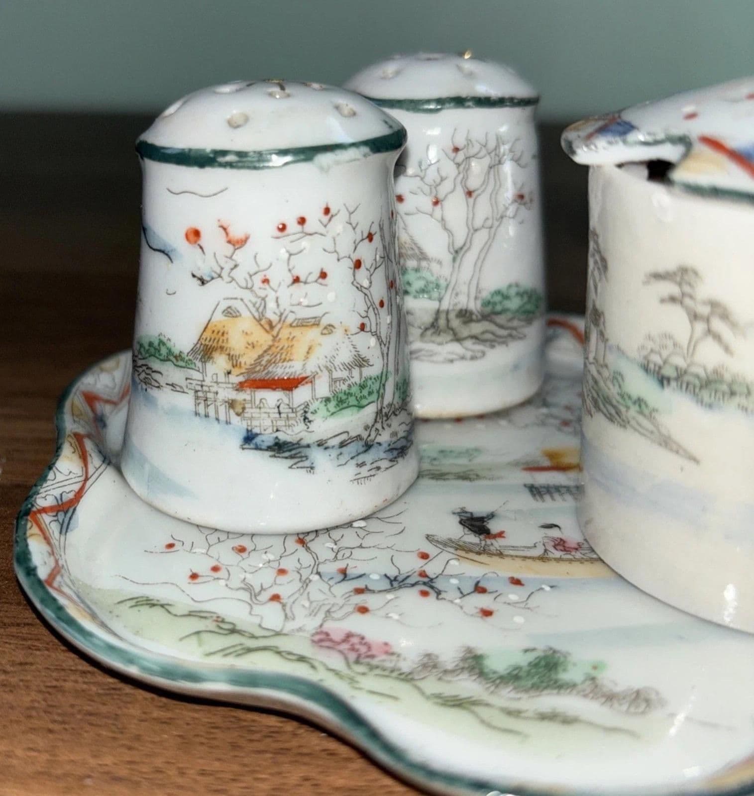 Antique Japanese Porcelain Salt Pepper Shaker Sugar Spoon Tray Set Miniature - Thumbnail 3