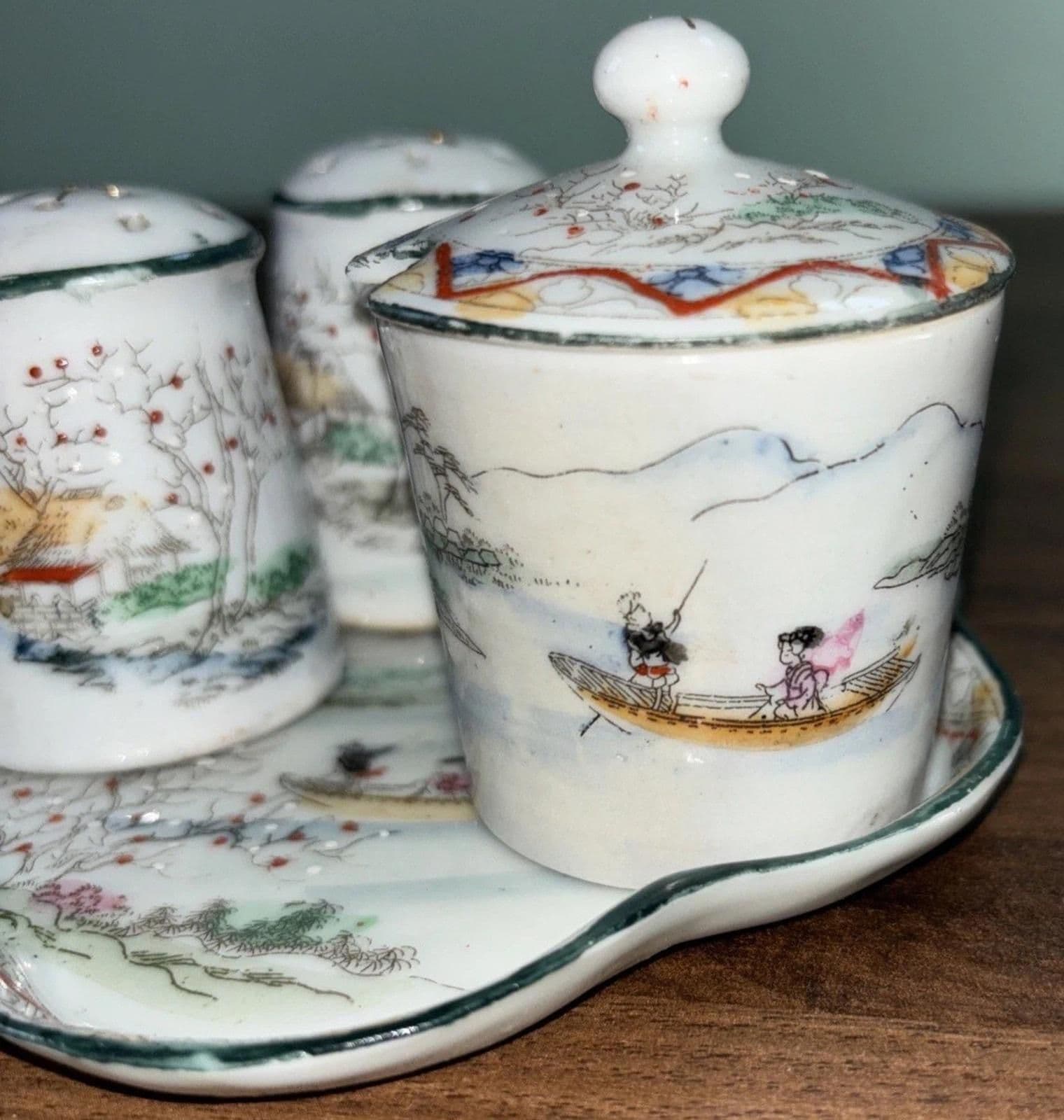 Antique Japanese Porcelain Salt Pepper Shaker Sugar Spoon Tray Set Miniature - Thumbnail 2