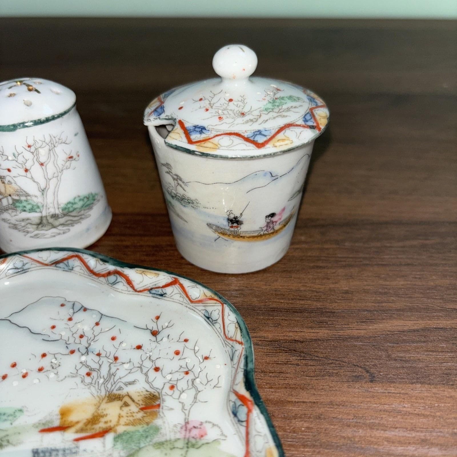 Antique Japanese Porcelain Salt Pepper Shaker Sugar Spoon Tray Set Miniature - Thumbnail 5