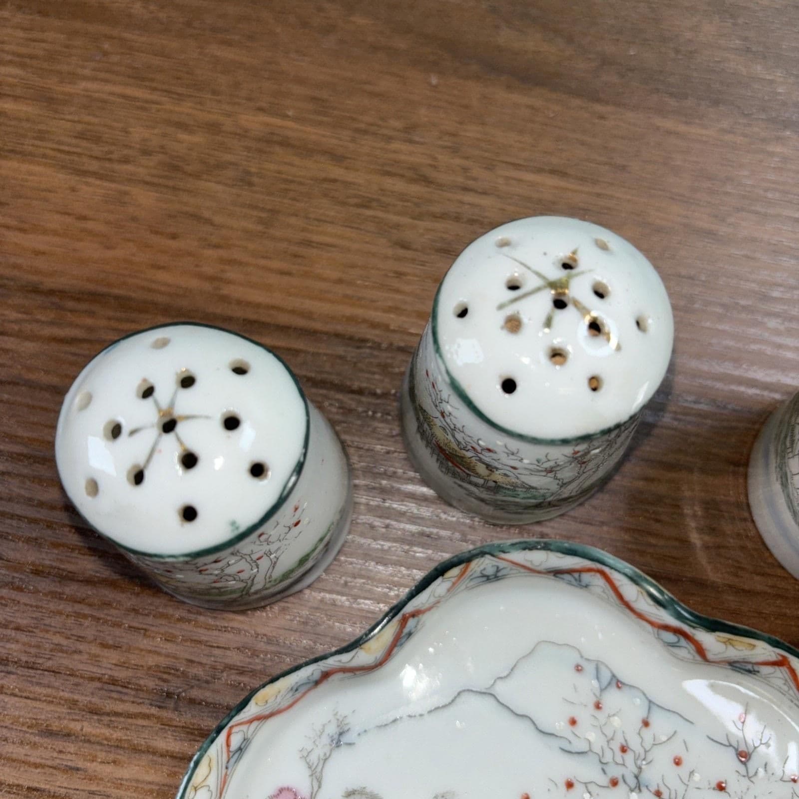 Antique Japanese Porcelain Salt Pepper Shaker Sugar Spoon Tray Set Miniature - Thumbnail 7