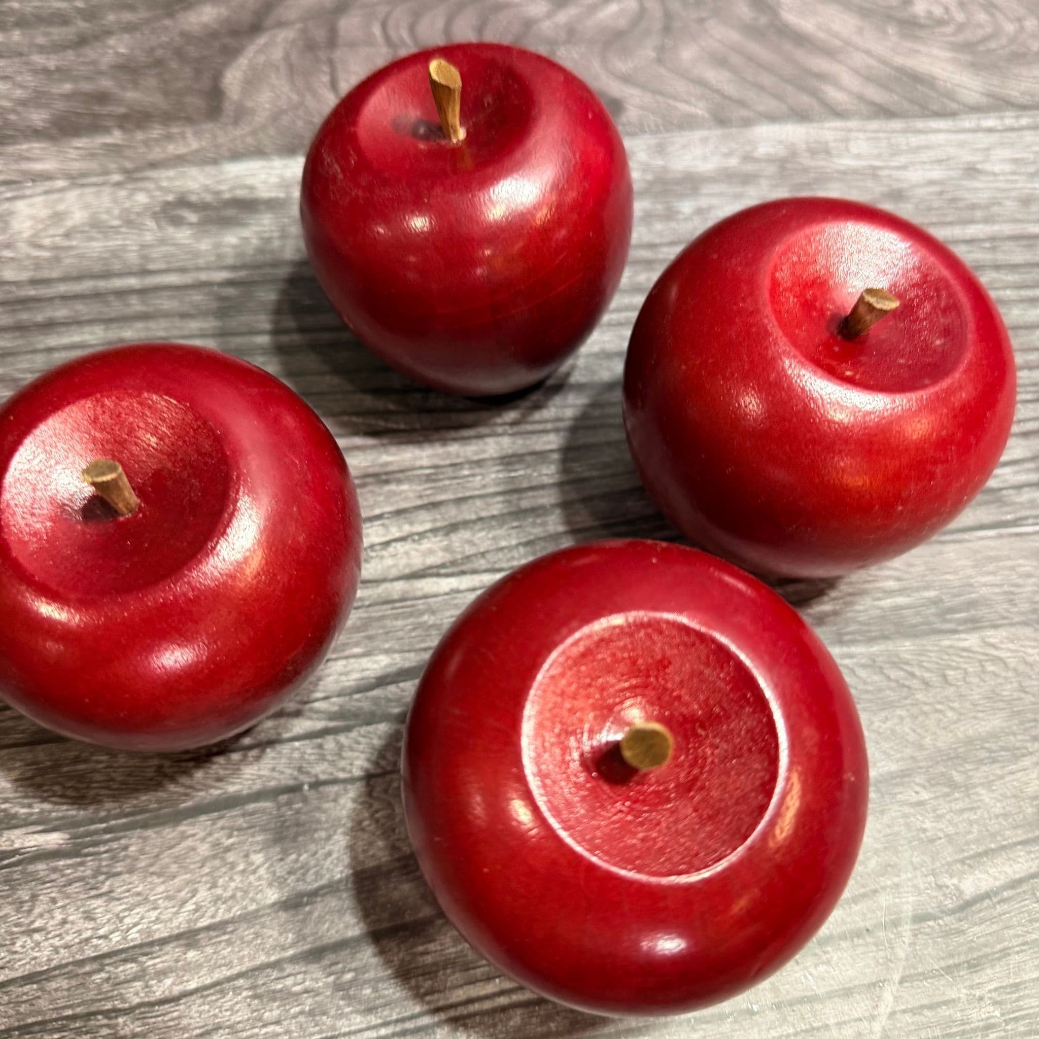 Set of 4 Vintage Hand Carved Red Wooden Decorative Apples 3" - Thumbnail 2