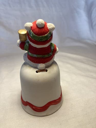 Christmas Holiday Teddy Bear Ceramic Bell White Holly Winter House of Lloyd - Thumbnail 2