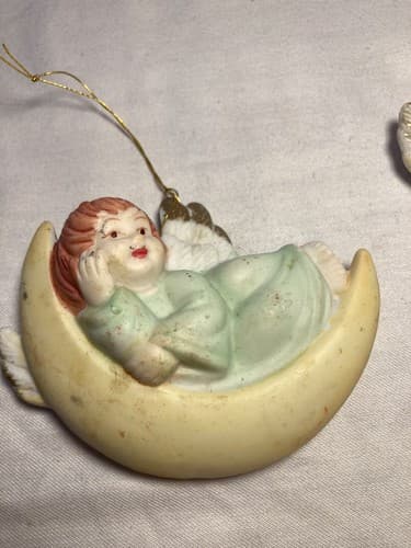 VTG Angel on the Moon Christmas Tree Holiday Ornament Ceramic Porcelain Set Of 3 - Thumbnail 3