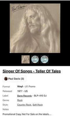 Paul Davis Vinyl LP Record- Singer Of Songs, Teller Of Tales - PROMOTIONAL COPY - Thumbnail 8