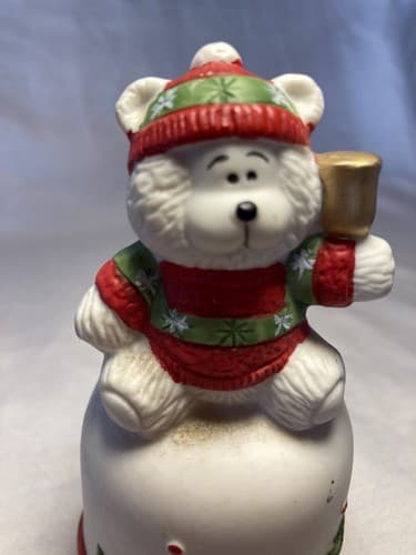 Christmas Holiday Teddy Bear Ceramic Bell White Holly Winter House of Lloyd - Thumbnail 4