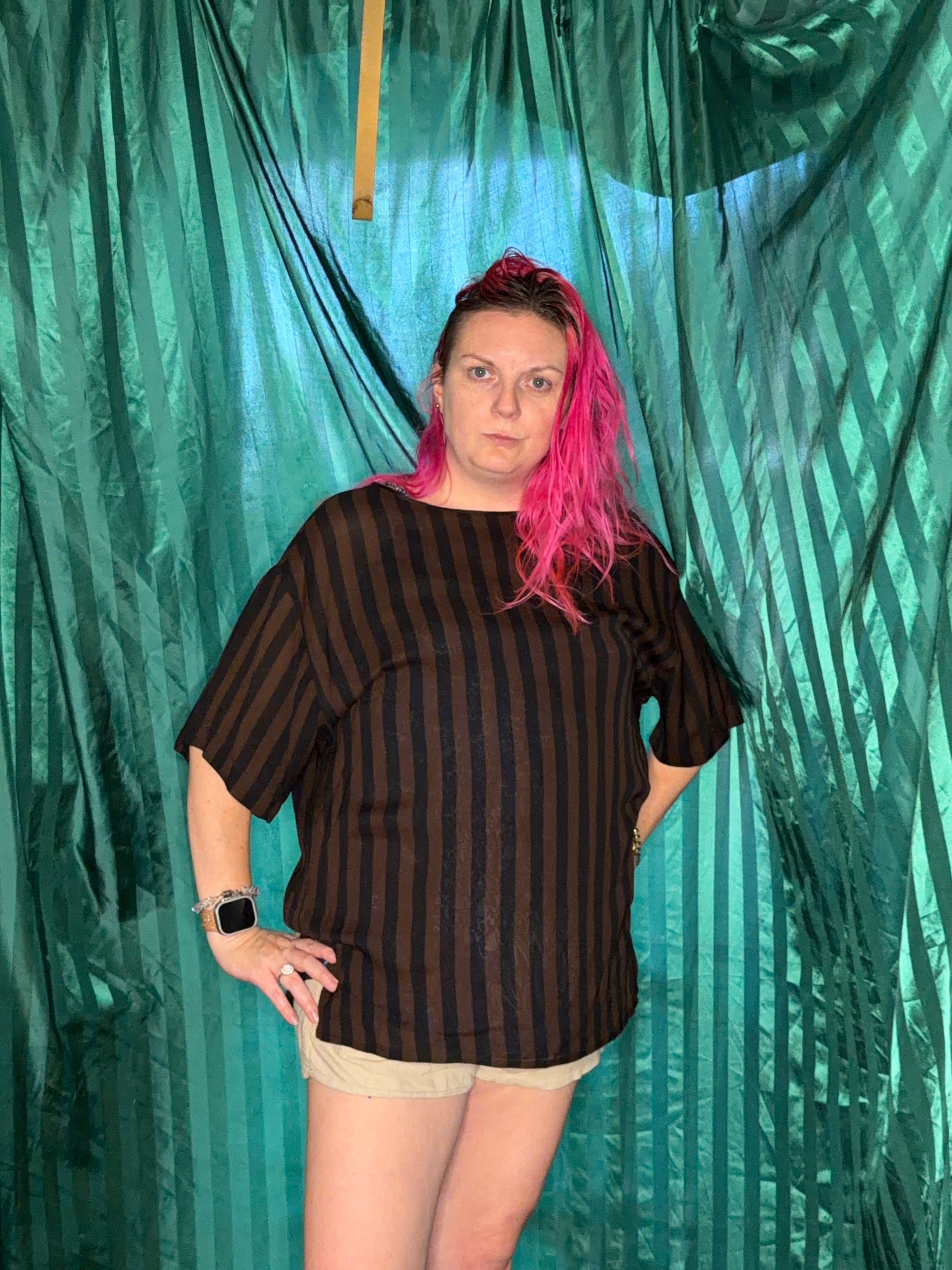 VINTAGE Anne Klein Brown Striped Silk Blouse - Thumbnail 4