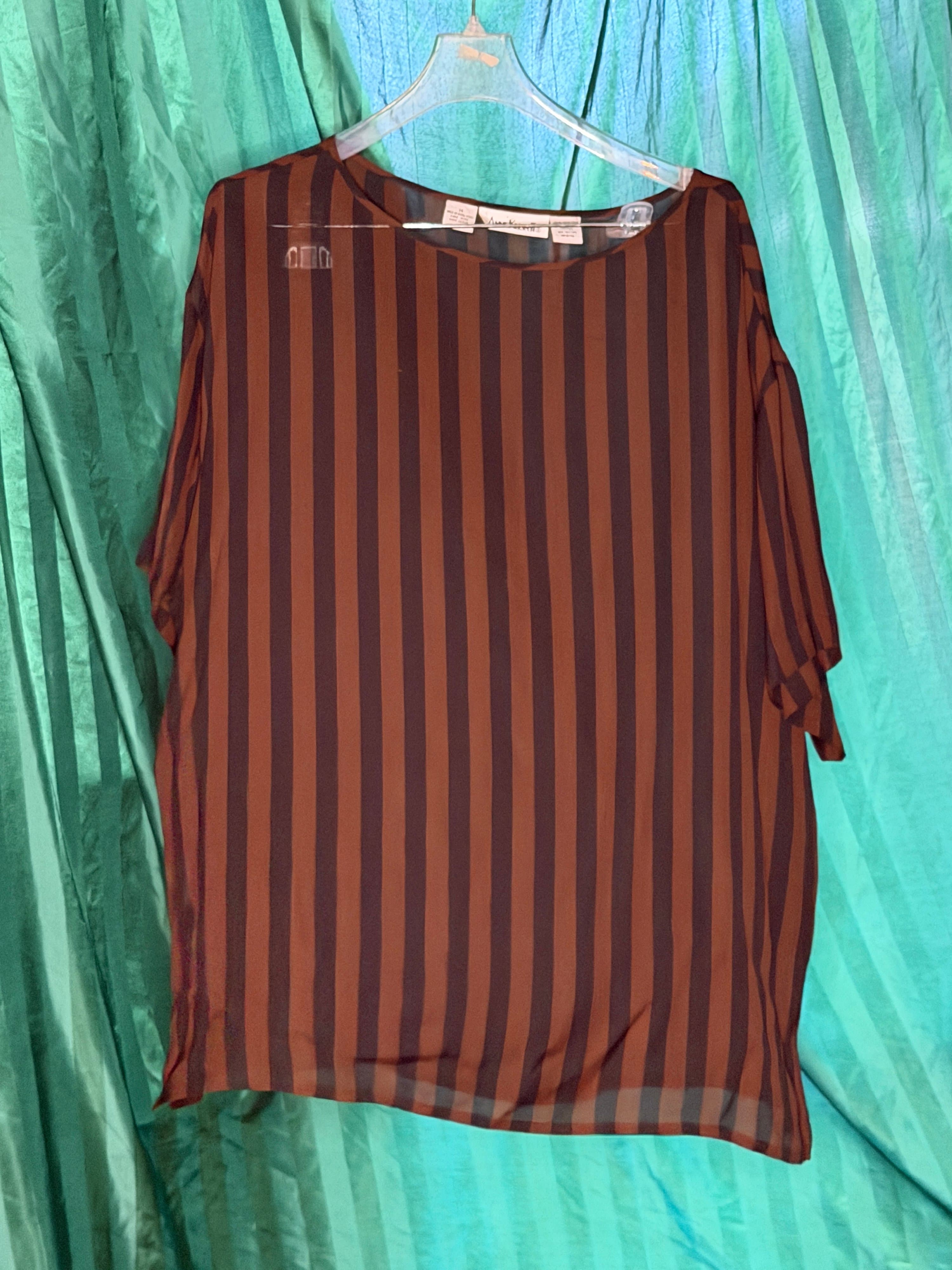 VINTAGE Anne Klein Brown Striped Silk Blouse - Thumbnail 2