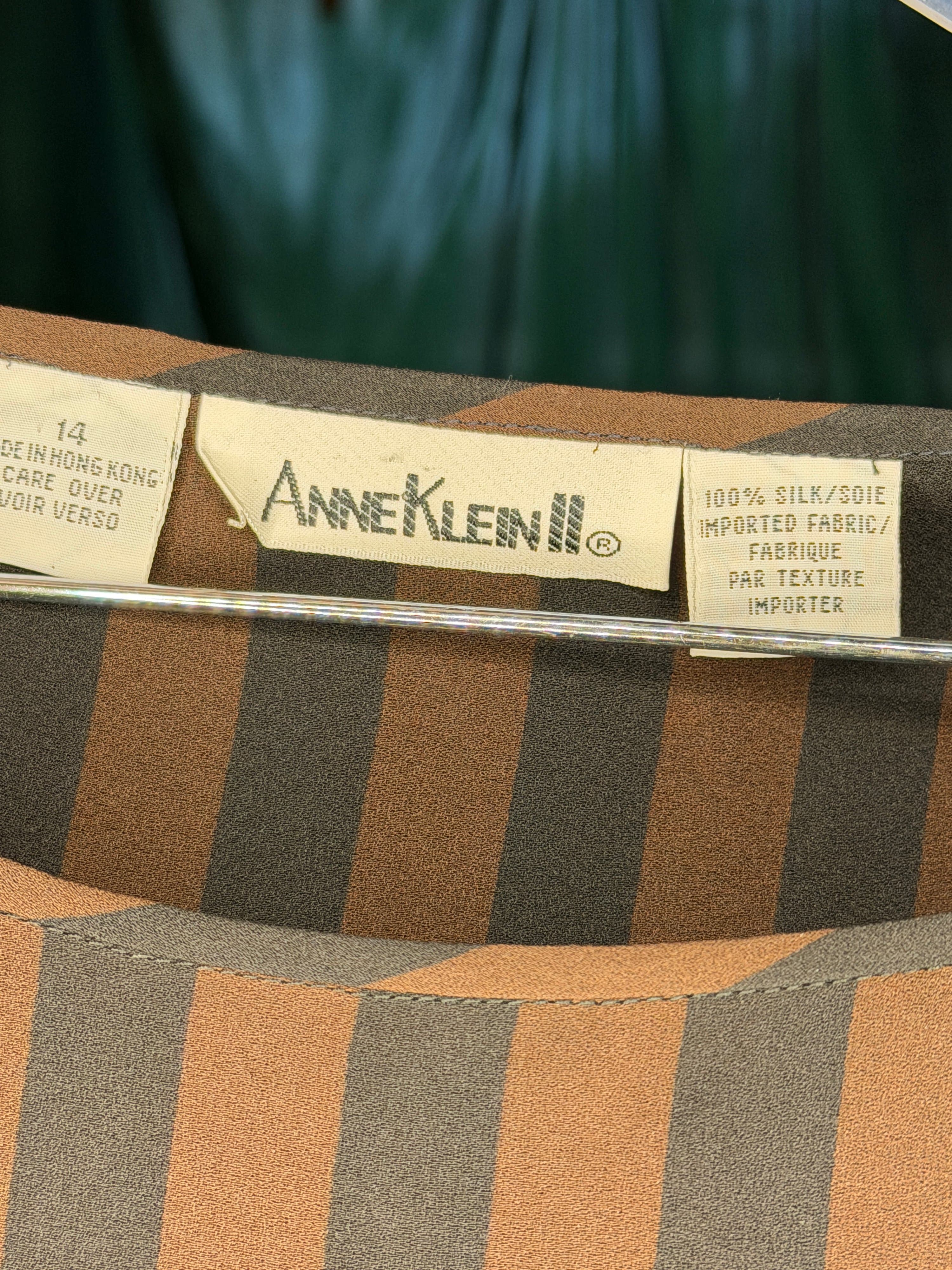 VINTAGE Anne Klein Brown Striped Silk Blouse - Thumbnail 6