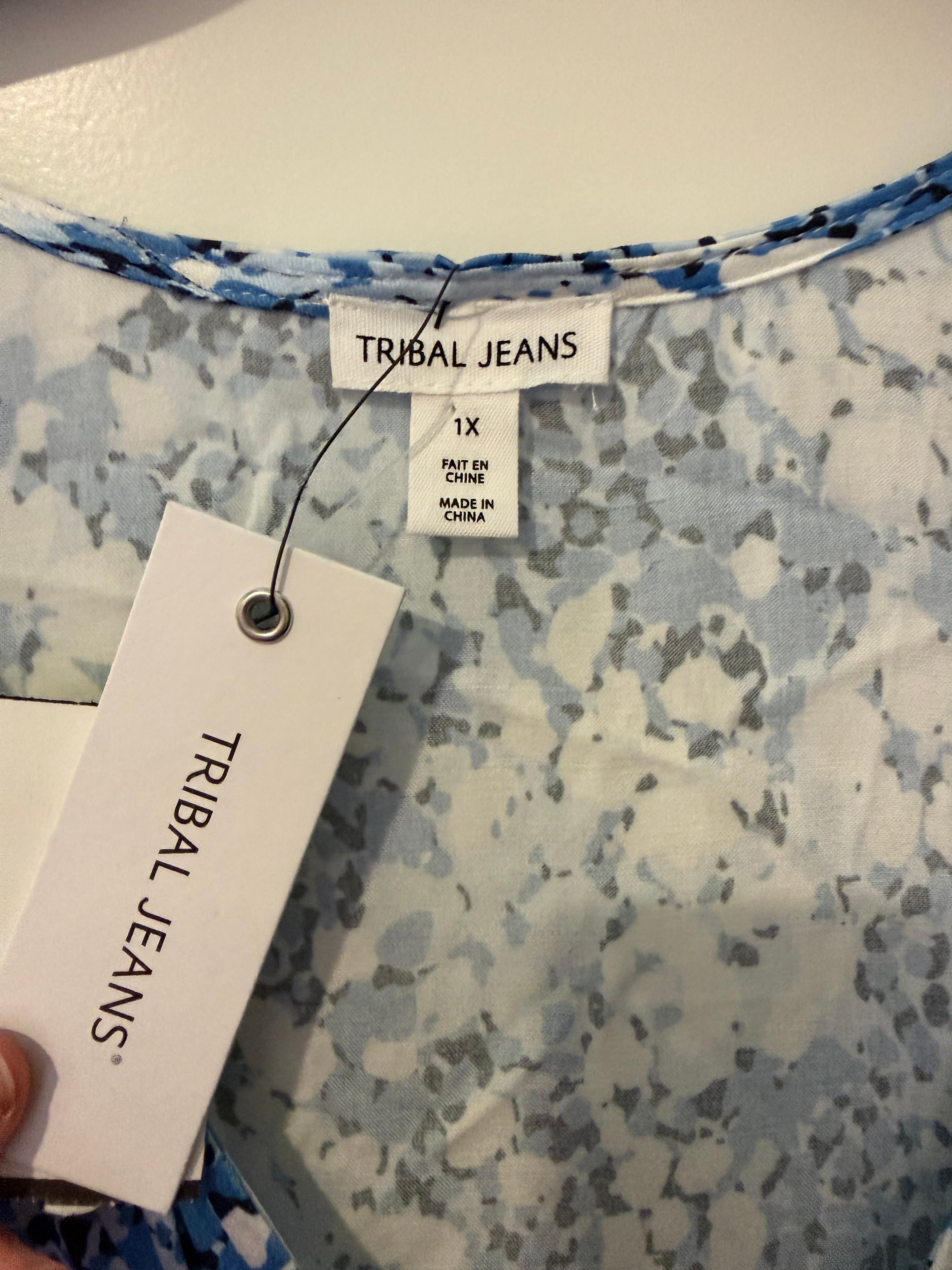 Tribal Jeans Floral Dress 1X Blue White - Thumbnail 3