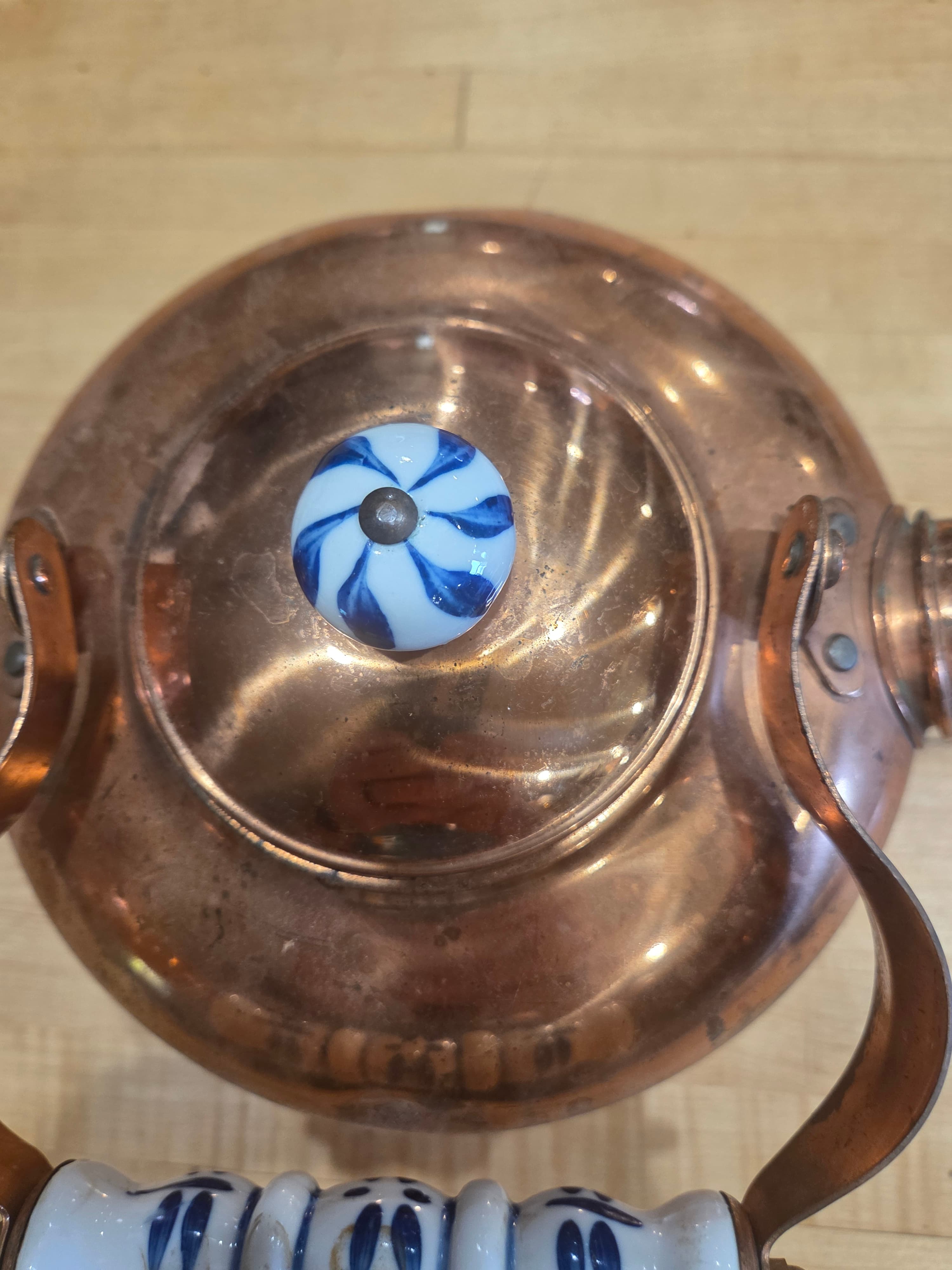 Vintage Copper Tea Kettle Whistling Pot Delft Blue Style Ceramic Handle - Thumbnail 4