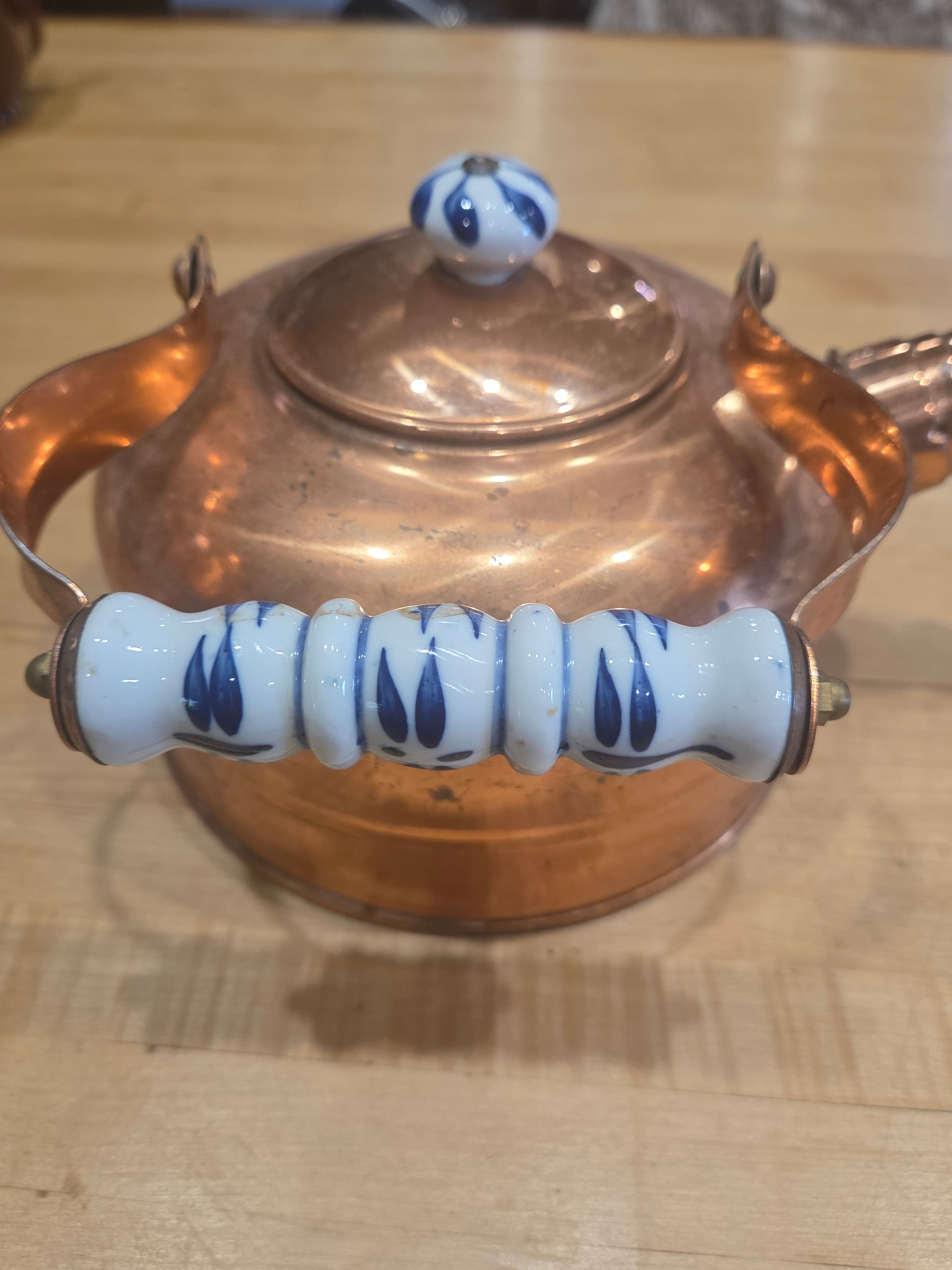Vintage Copper Tea Kettle Whistling Pot Delft Blue Style Ceramic Handle - Thumbnail 5