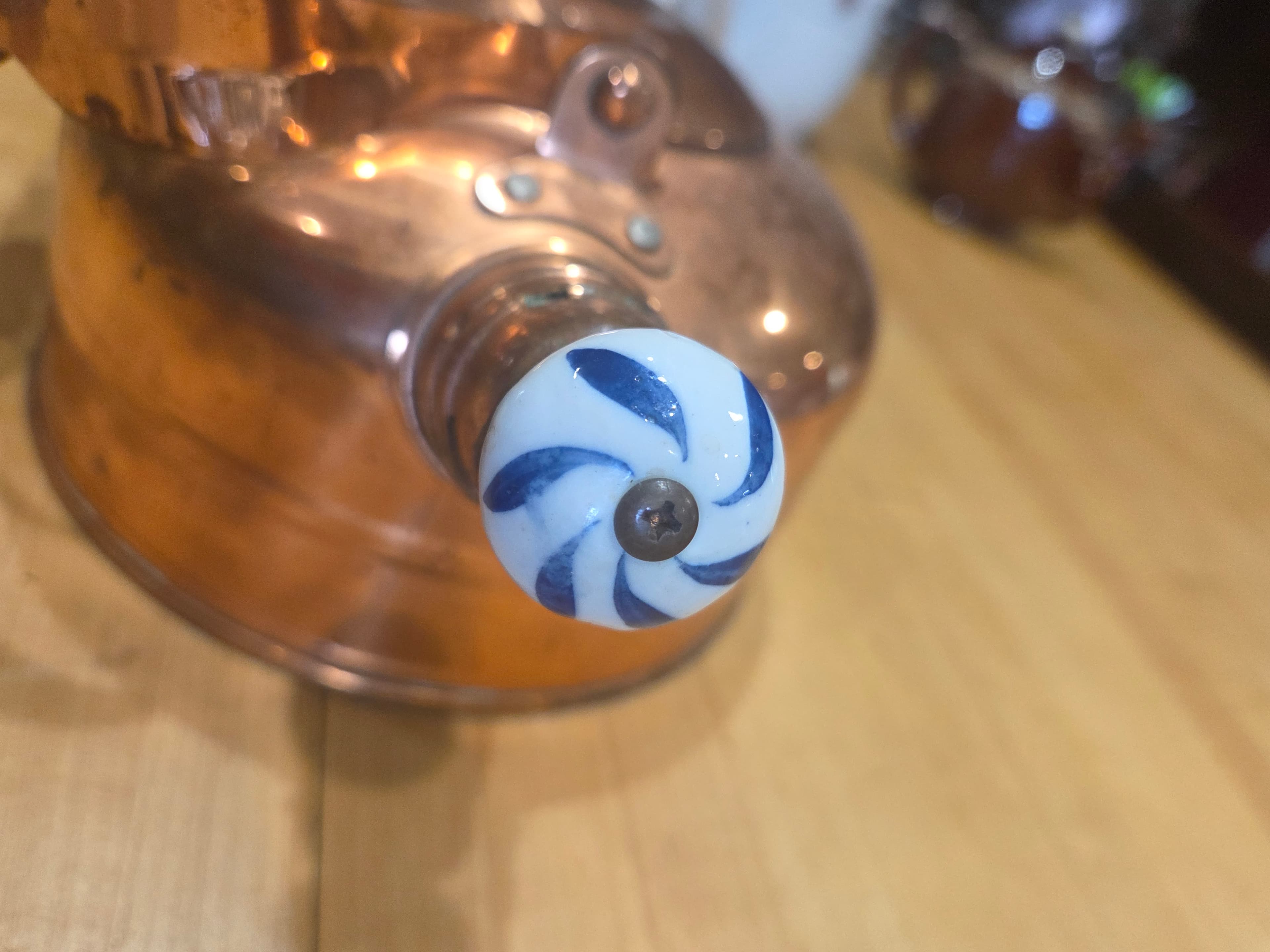 Vintage Copper Tea Kettle Whistling Pot Delft Blue Style Ceramic Handle - Thumbnail 6