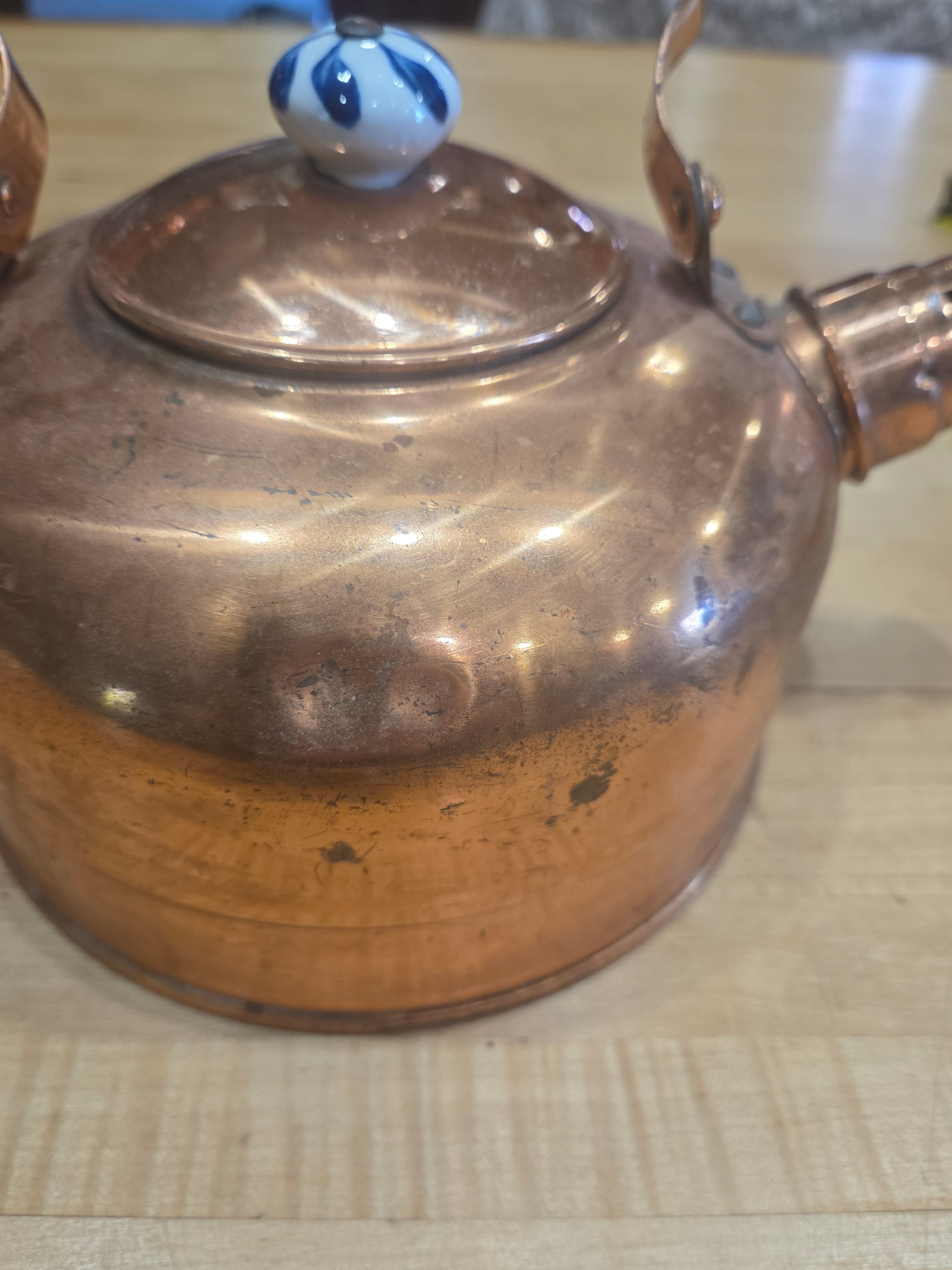 Vintage Copper Tea Kettle Whistling Pot Delft Blue Style Ceramic Handle - Thumbnail 7