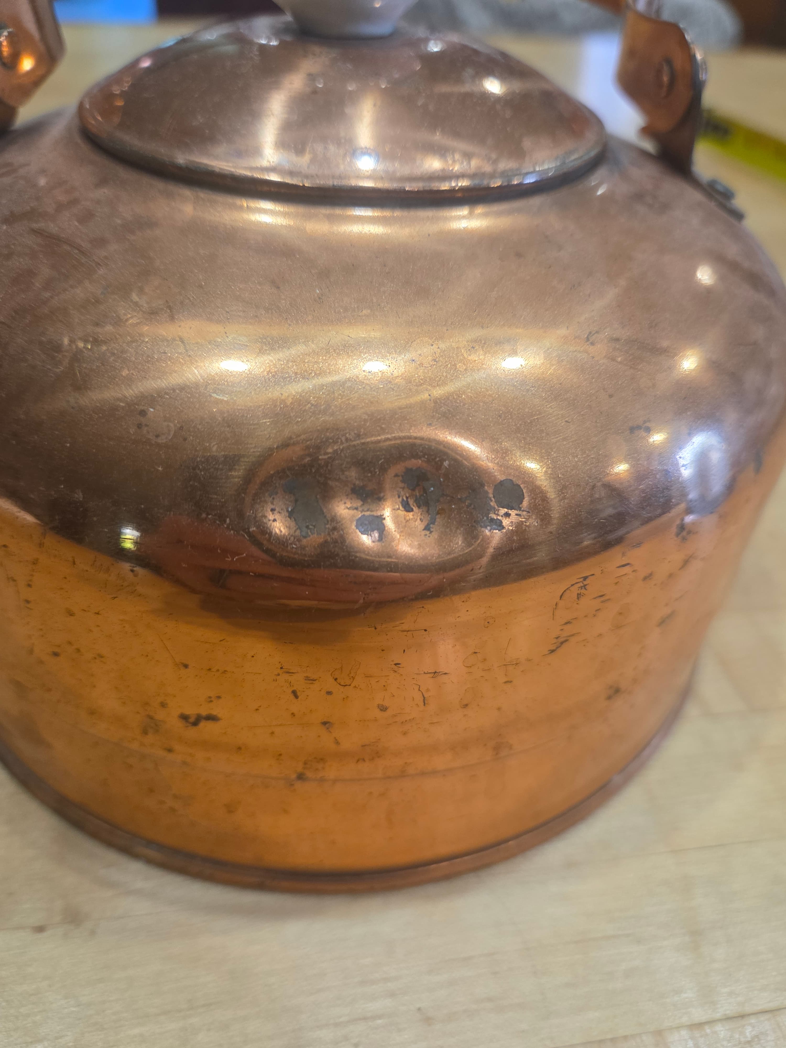 Vintage Copper Tea Kettle Whistling Pot Delft Blue Style Ceramic Handle - Thumbnail 8
