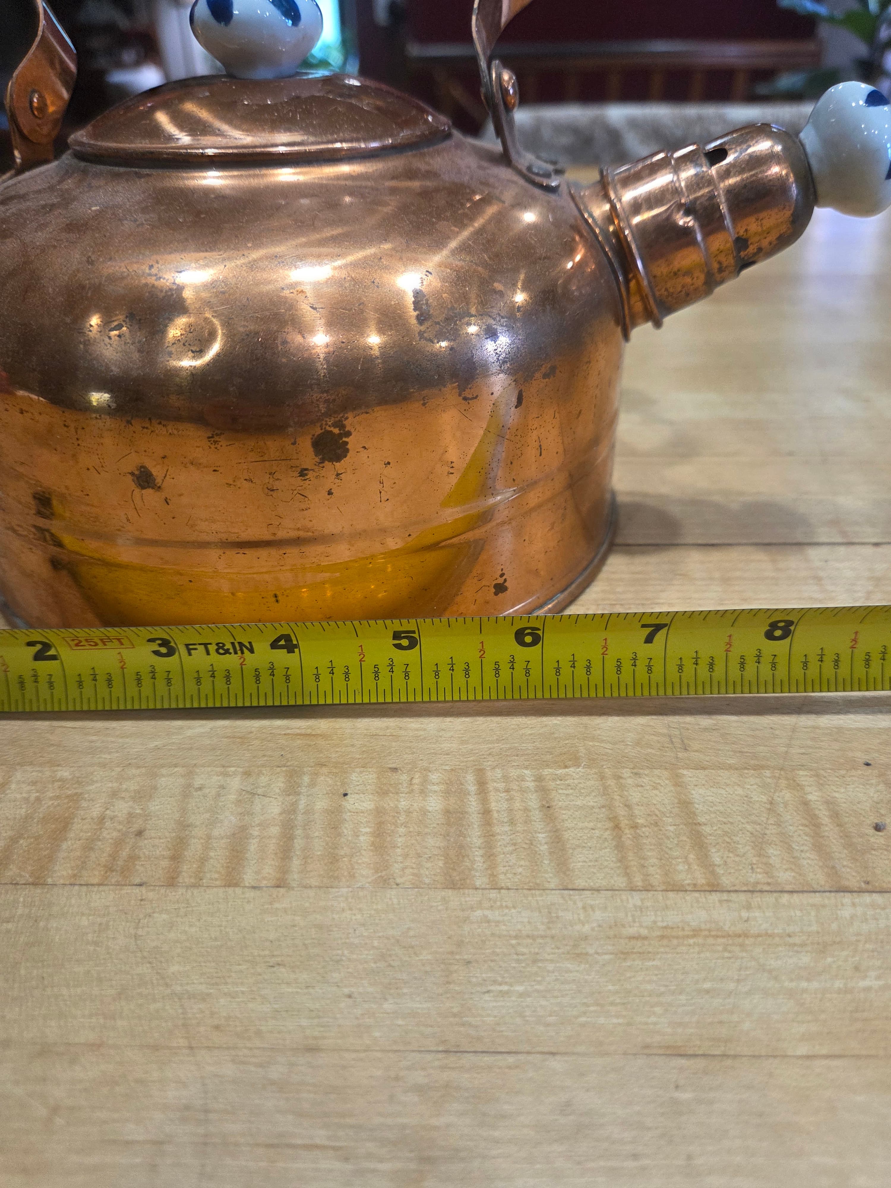 Vintage Copper Tea Kettle Whistling Pot Delft Blue Style Ceramic Handle - Thumbnail 9