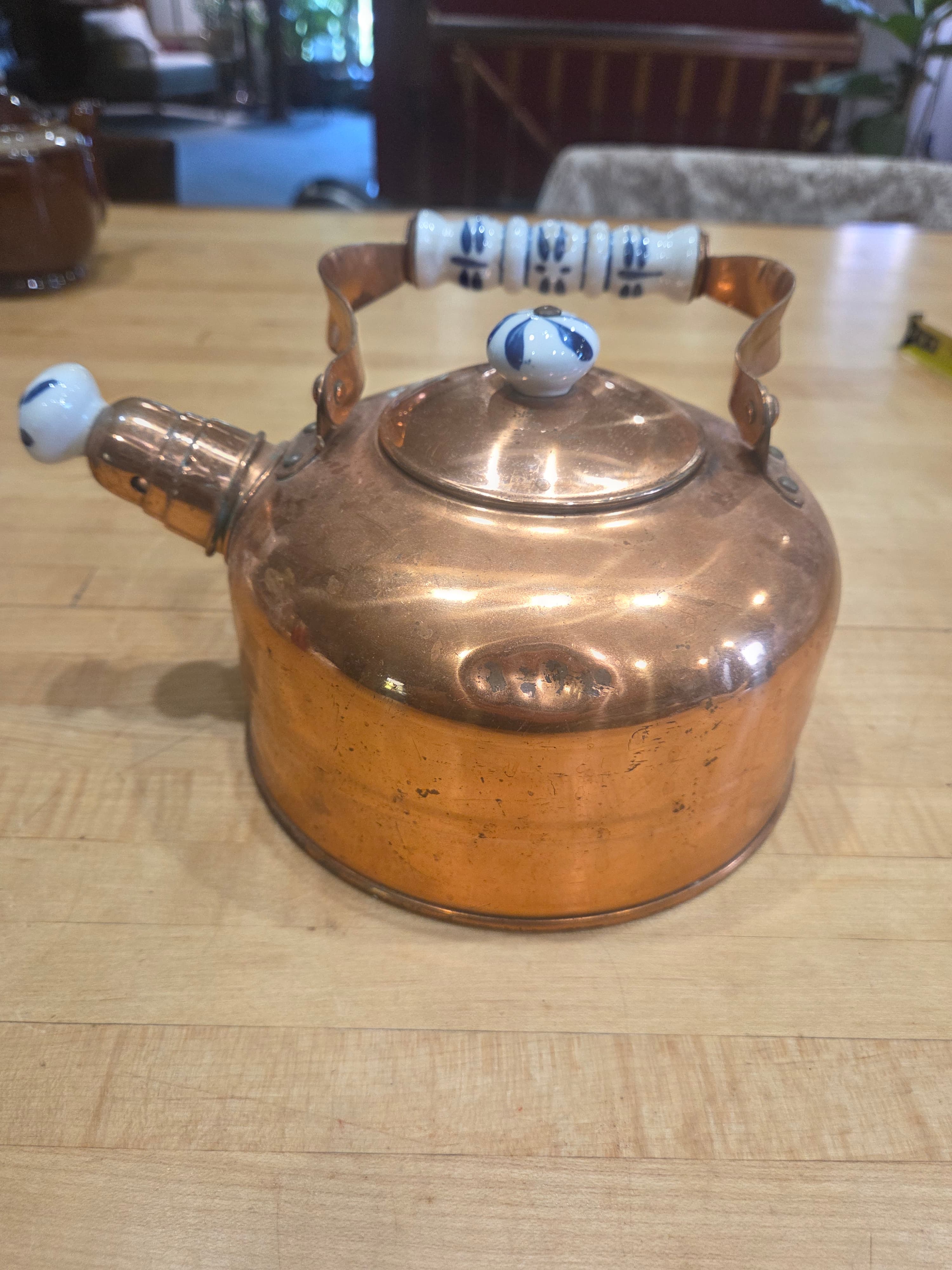 Vintage Copper Tea Kettle Whistling Pot Delft Blue Style Ceramic Handle