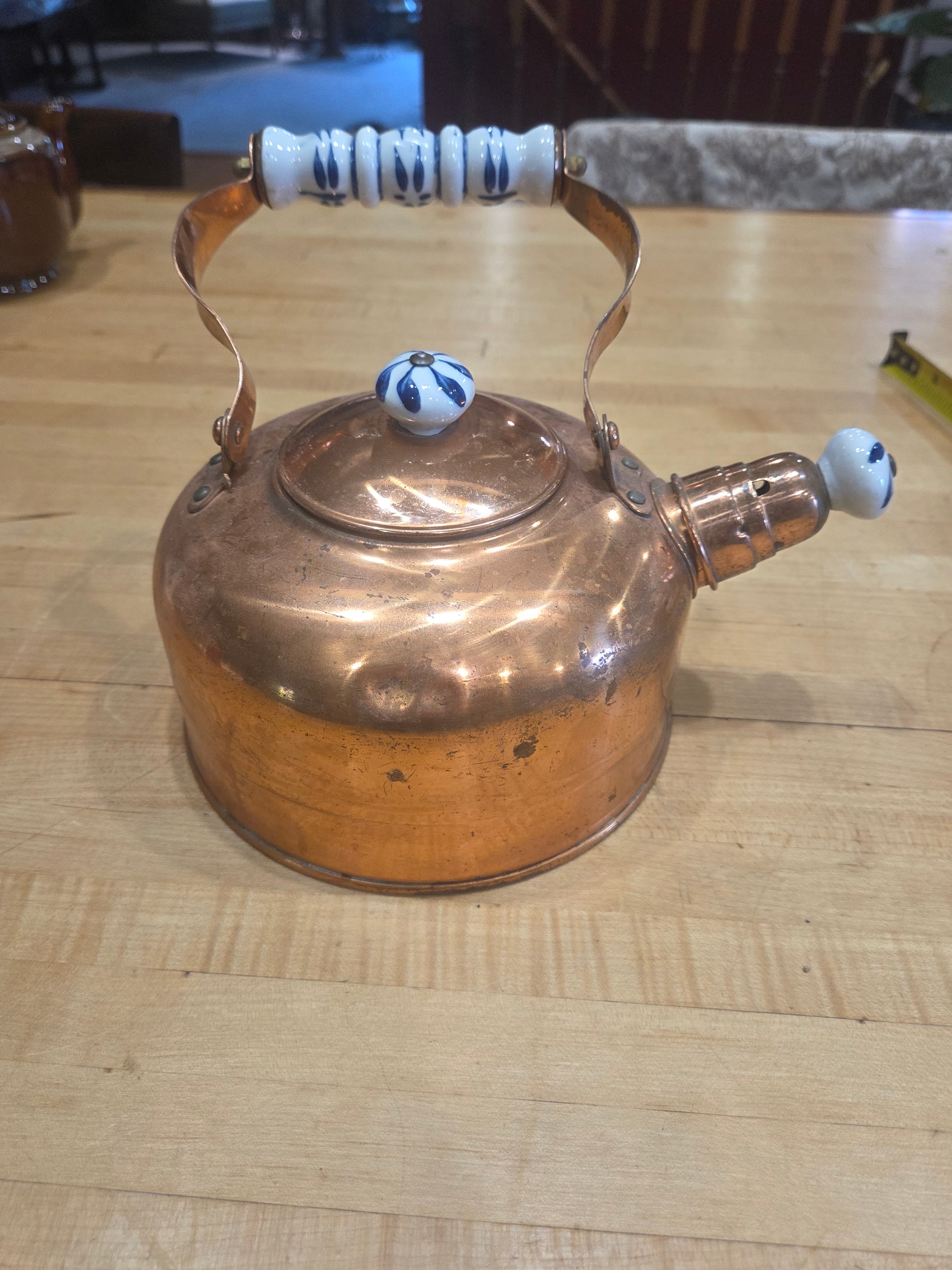 Vintage Copper Tea Kettle Whistling Pot Delft Blue Style Ceramic Handle - Thumbnail 2