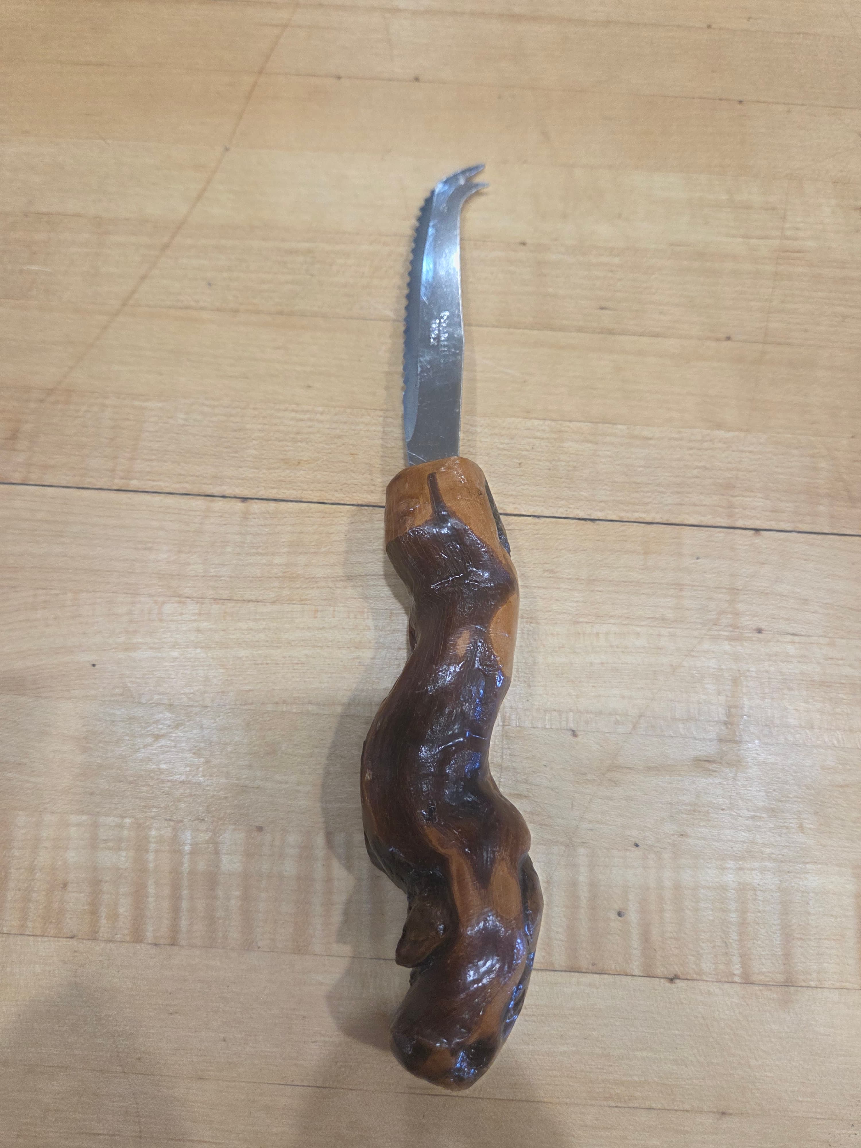 Vintage Pradel Inox French Cheese Bar Knife Hand Carved Burl Wood Handle