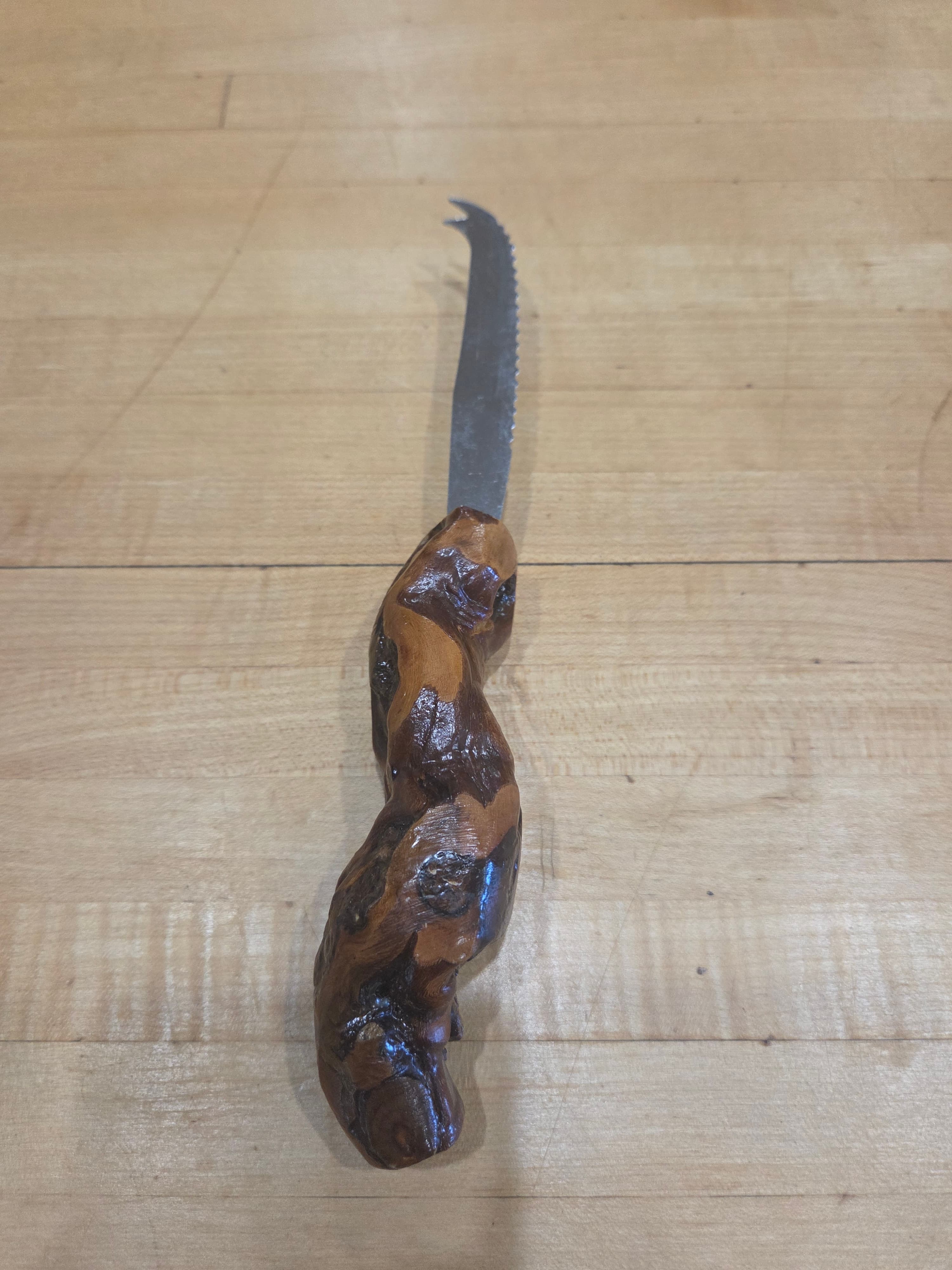 Vintage Pradel Inox French Cheese Bar Knife Hand Carved Burl Wood Handle - Thumbnail 3
