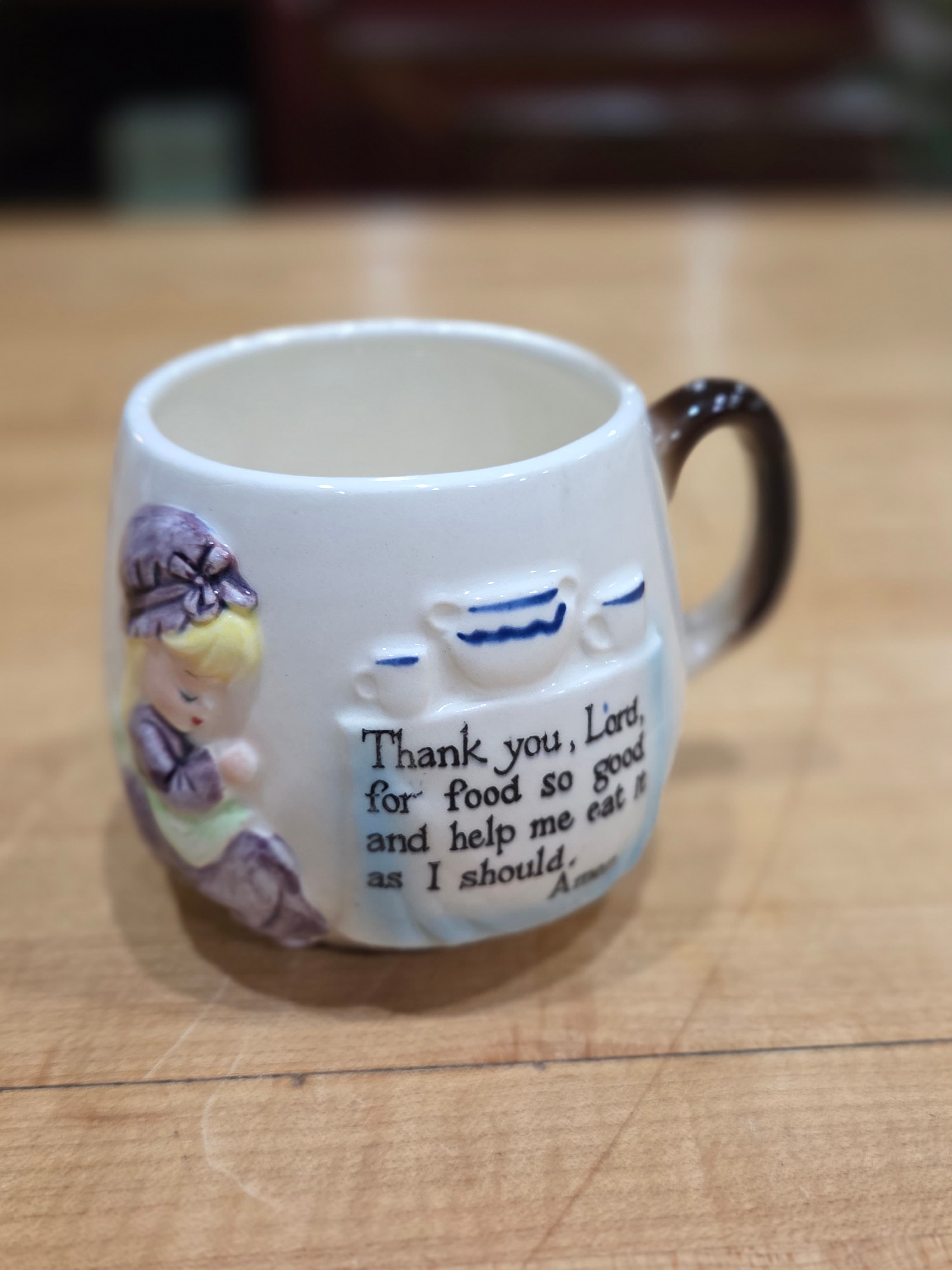 Vintage Enesco Ceramic Childrens Dinner Prayer Mug Girl in Bonnet