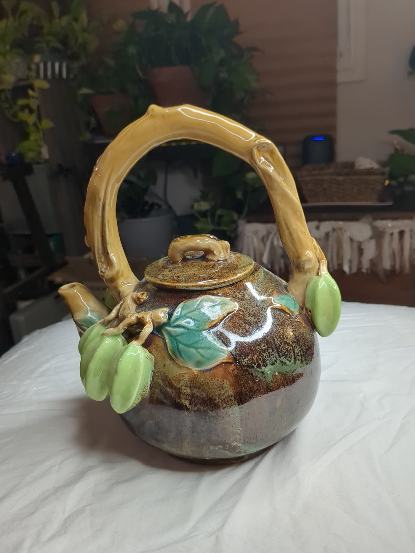 Vintage Majolica Drip Glaze Art Pottery Teapot With Fruit Vines & Leaves Decor
