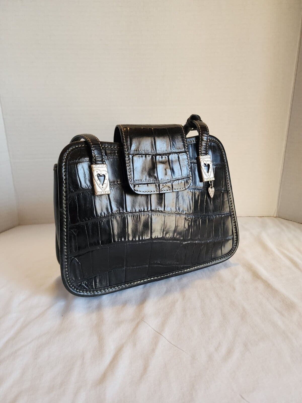 VINTAGE BRIGHTON Handbag Shoulder Purse Croc Embossed Black Leather Sz Sm