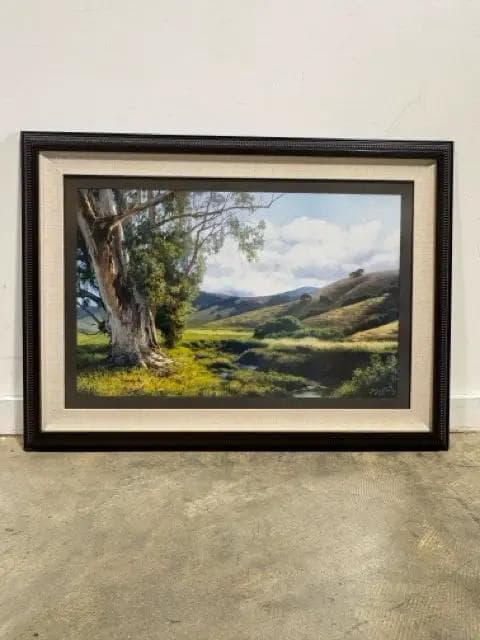 "Eucalyptus & California Hills" Framed Print by June Carey