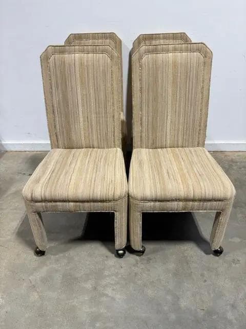 Textured Beige Striped Upholstered Dining Chairs With Castor Wheels