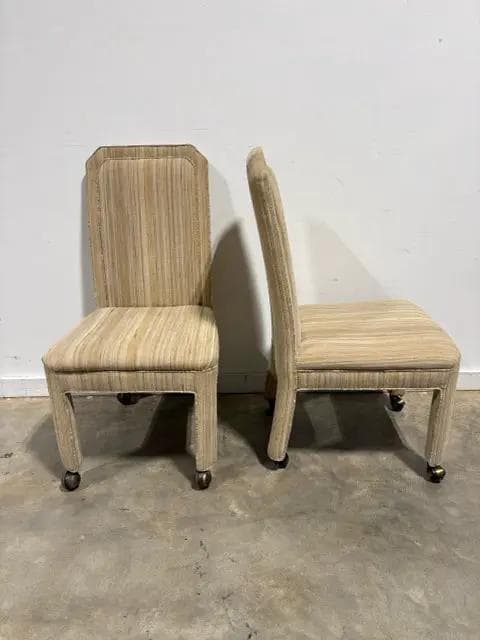 Textured Beige Striped Upholstered Dining Chairs With Castor Wheels - Thumbnail 2