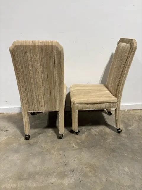 Textured Beige Striped Upholstered Dining Chairs With Castor Wheels - Thumbnail 3