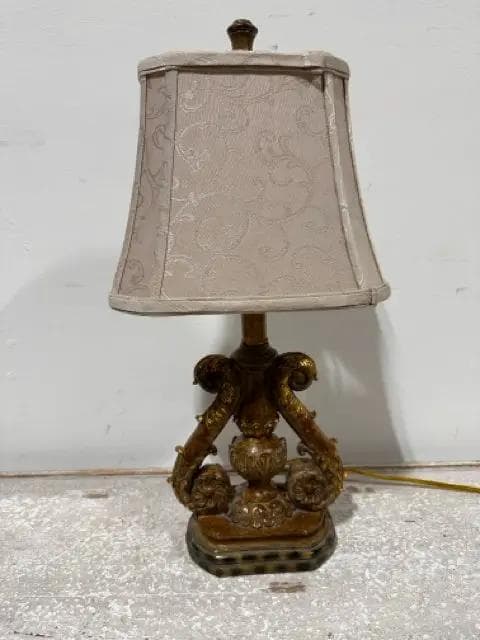 Ornate Distressed Scroll Base Desk Lamp with Embroidered Shade