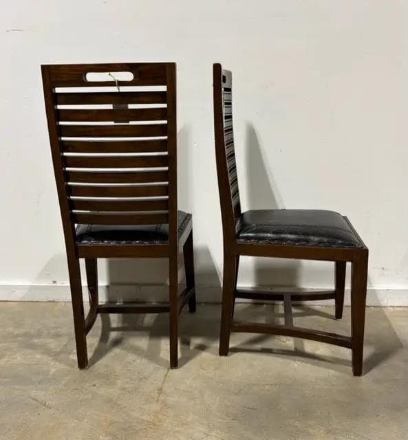 Set of 6 Wood Slatted Back Dining Chairs with Black Distressed Leather Seats - Thumbnail 3
