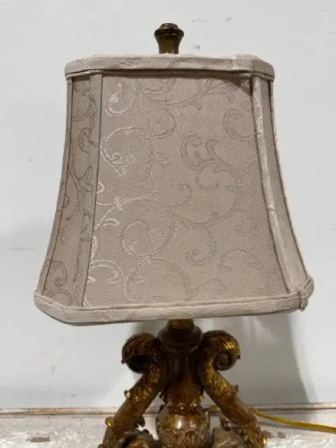 Ornate Distressed Scroll Base Desk Lamp with Embroidered Shade - Thumbnail 2