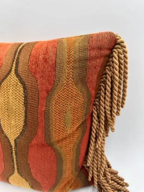 Red And Gold Patterned Down Filled Lumbar Pillow With Tassels - Thumbnail 2