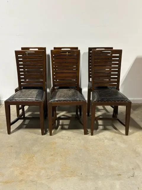 Set of 6 Wood Slatted Back Dining Chairs with Black Distressed Leather Seats