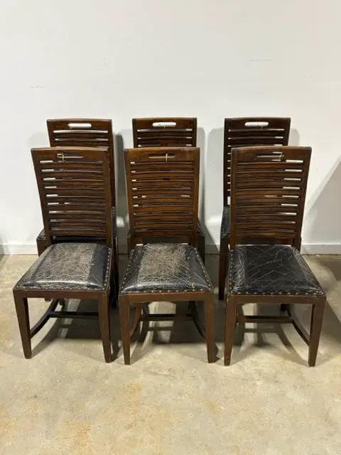 Set of 6 Wood Slatted Back Dining Chairs with Black Distressed Leather Seats - Thumbnail 2