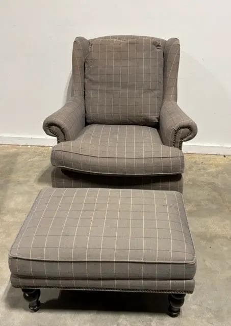 Grey Plaid Wingback Chair with Ottoman